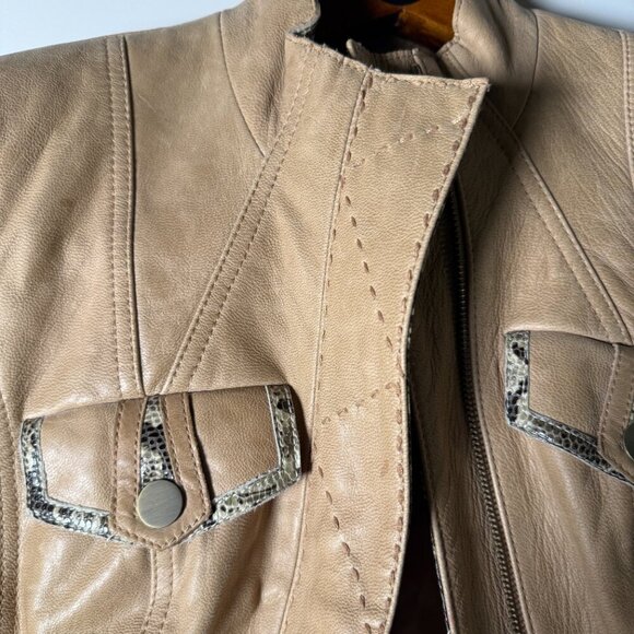 ETCETERA Leather Jacket- Sz 2 Tan with Snakeskin Look Trim, Deco Stitching,... - Picture 3 of 12